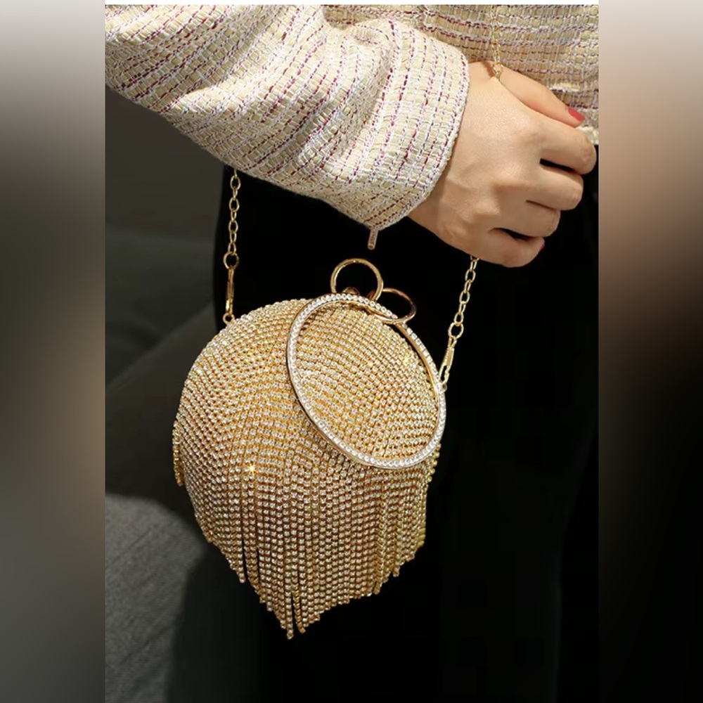 Rhinestone gold ball evening purse with tassels & ring handle. Holiday party. - Picture 4 of 9
